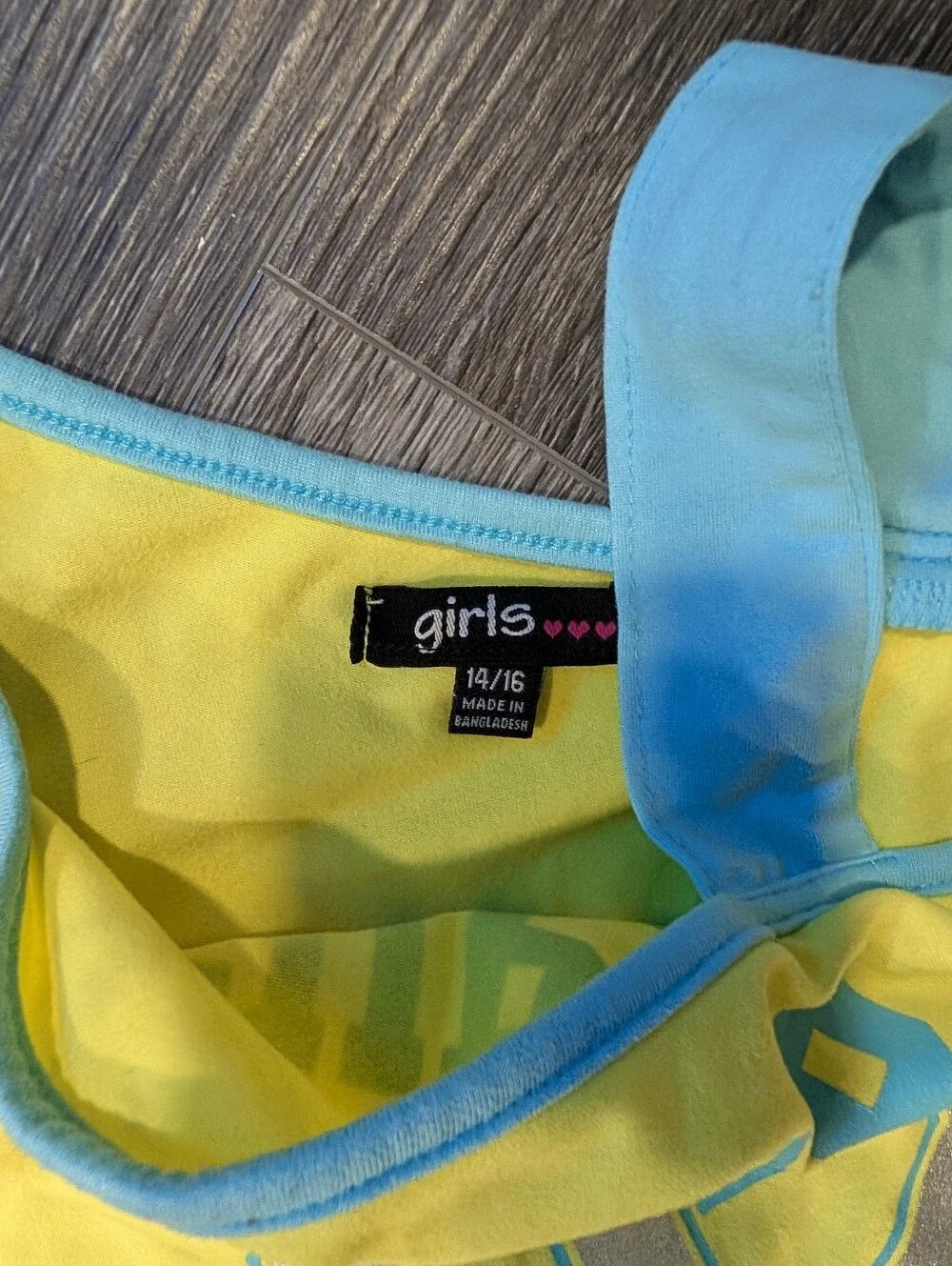 Forever 21 Yellow One-Shoulder Tank with Blue Trim & Silver '02'
